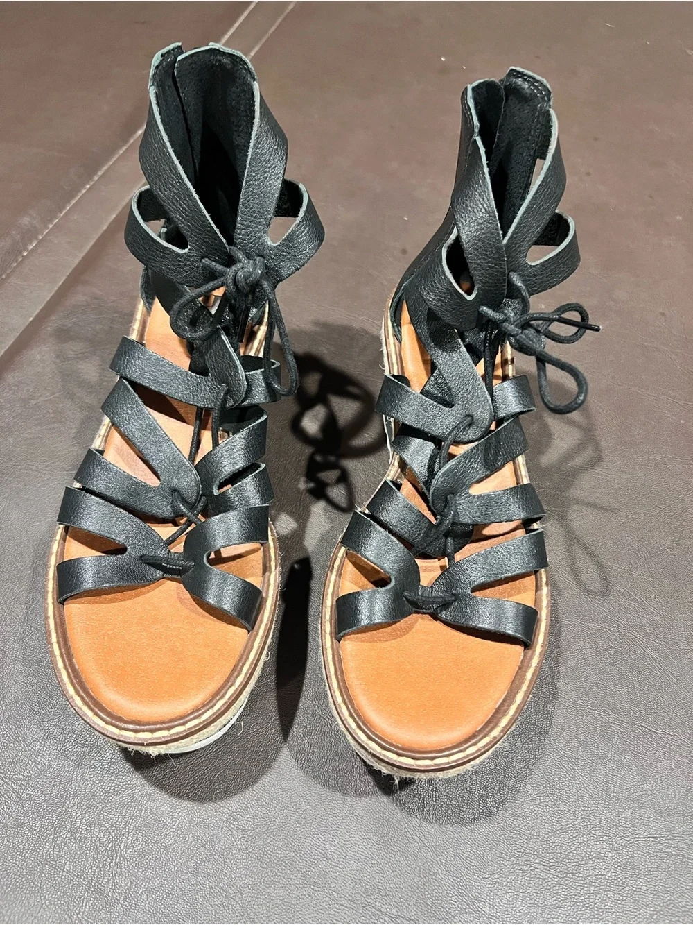 GB Black Gladiator Wedge Sandals Lace Up Zipper Leather Upper Rubber Sole Women